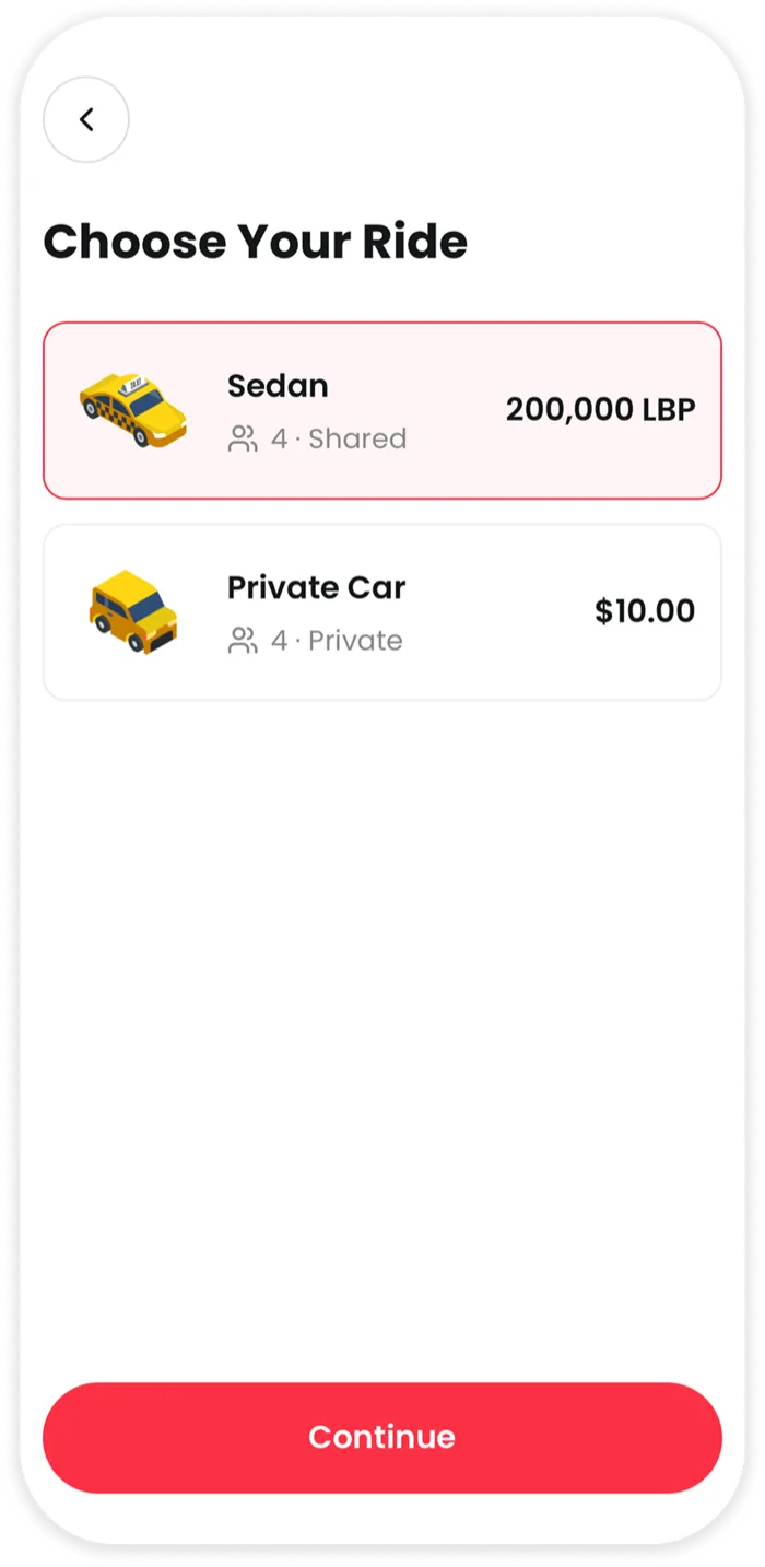The Noqta app showing the fare for a shared and a private ride before booking