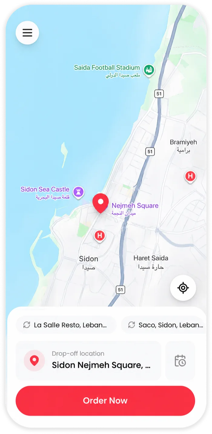 The Noqta app showing a pickup point set on a map of Saida, Lebanon