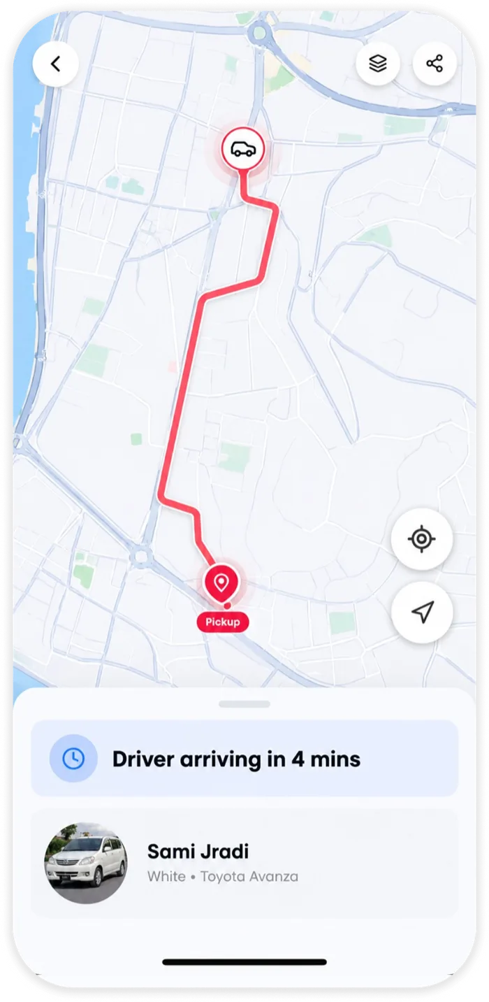 The Noqta app following a taxi on the map as it drives to the pickup point
